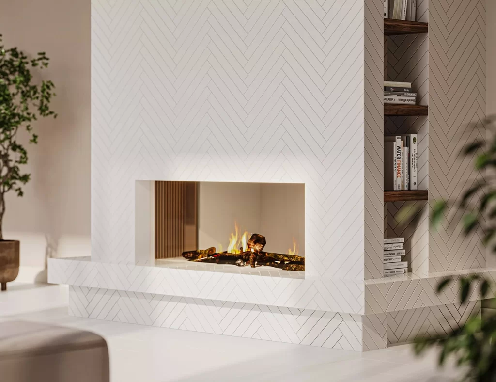 white marble herringbone backsplash